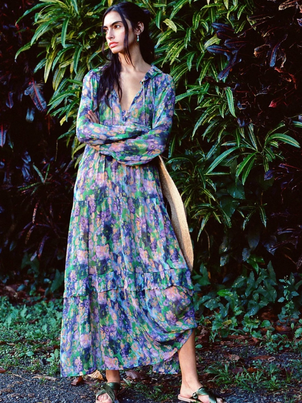 By Anthropologie The Marais Printed Chiffon Maxi Dress Purple Floral 3X Ethereal